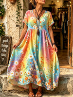 Women's Rainbow Tie-Dye Daisy Print Maxi Dress