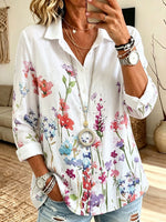 Women Watercolor Floral Print Button Down Shirt Lapel Long Sleeve Loose Blouse