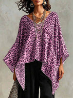 Retro Leopard Pattern Art Stylish Casual 3/4 Batwing Sleeve Top