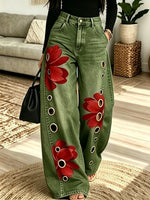 Women's Grommet Floral Patchwork Wide-Leg Jeans