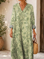 Retro Floral Pattern Art Print Casual V-neck Long Sleeve Cotton Linen Maxi Dress