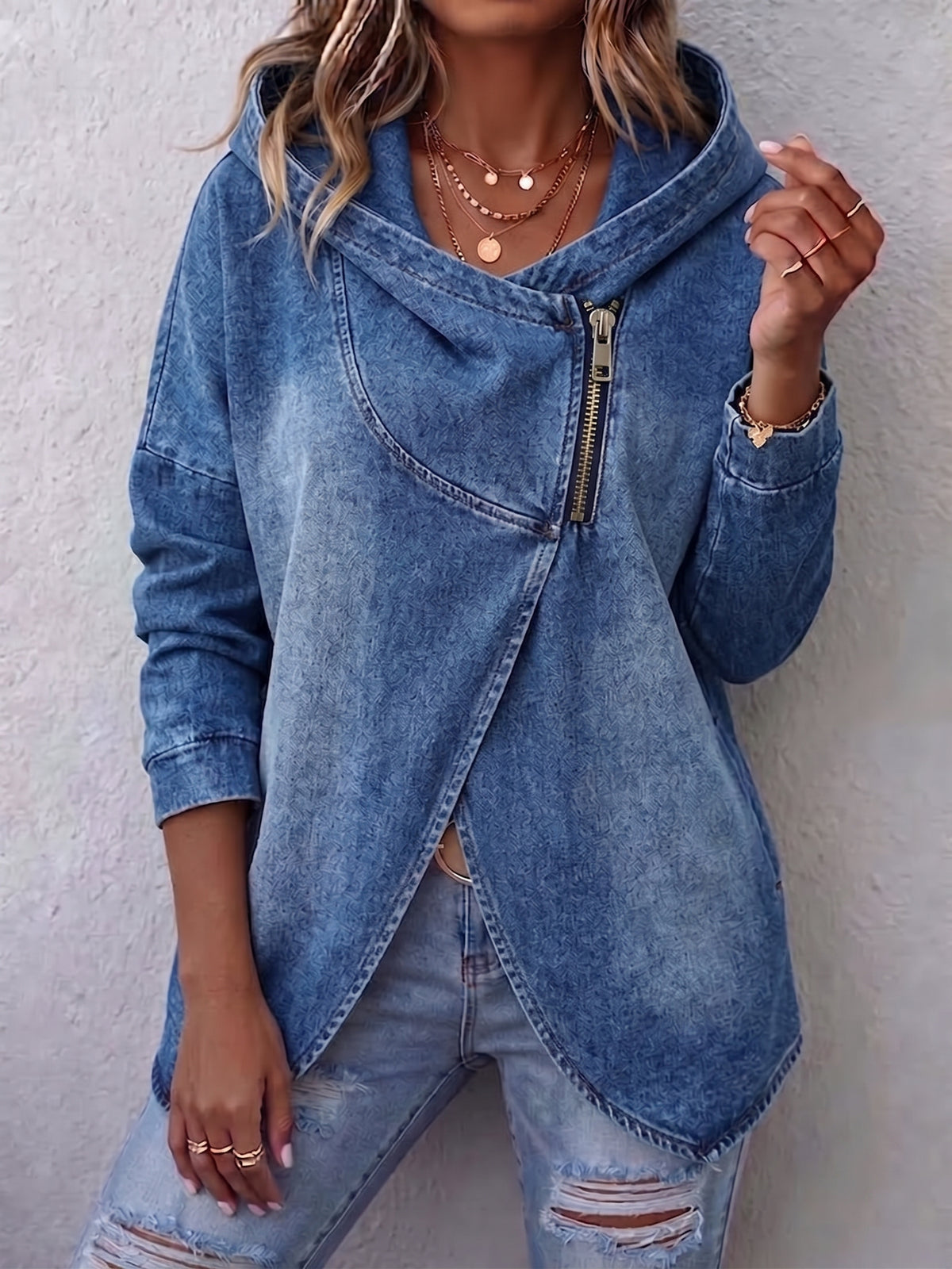 Women Washed Denim Hooded Jacket Asymmetric Zipper Wrap Long Sleeve Coat
