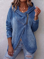Women Washed Denim Hooded Jacket Asymmetric Zipper Wrap Long Sleeve Coat