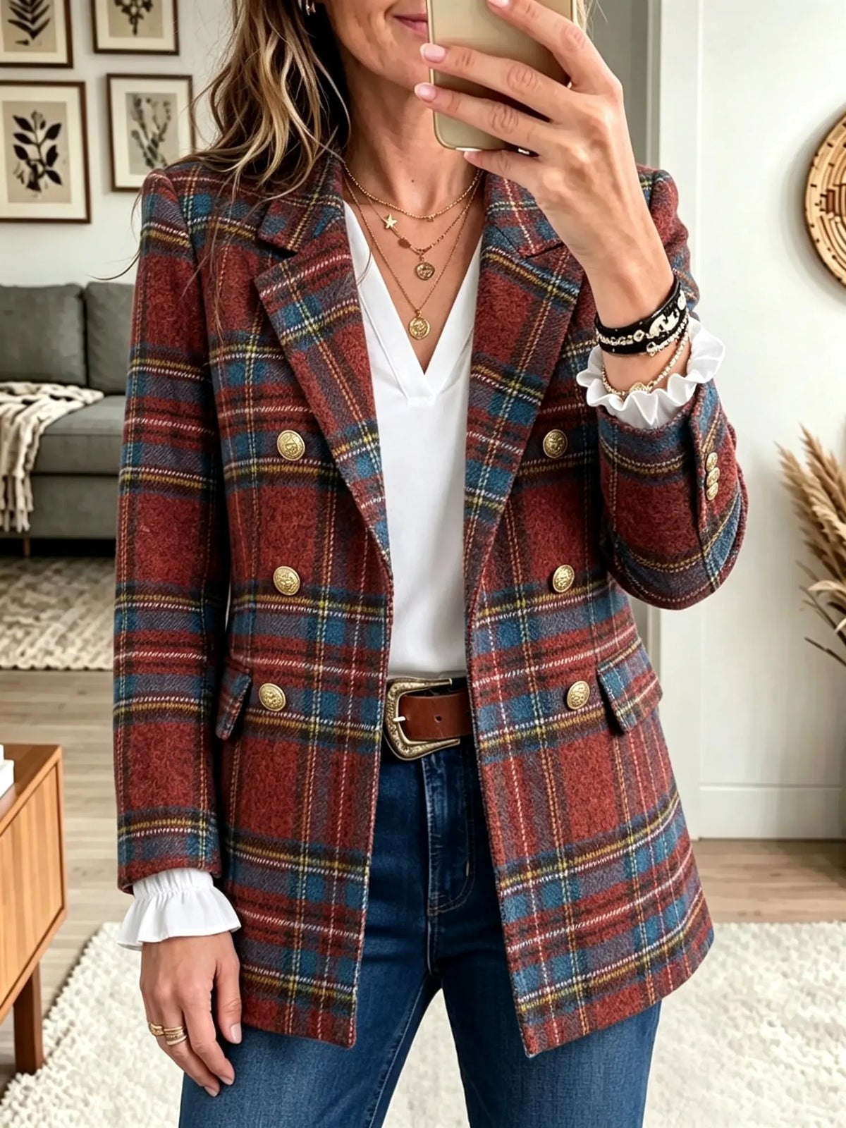 Women's Plaid Double-Breasted Woolen Blazer