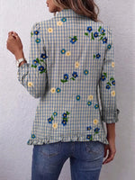 Retro Floral Plaid Pattern Art Print Ruffle Casual Stylish Cotton Lapel Coat