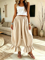 Women Solid Elastic Waist Ruffle Lantern Wide Leg Pants