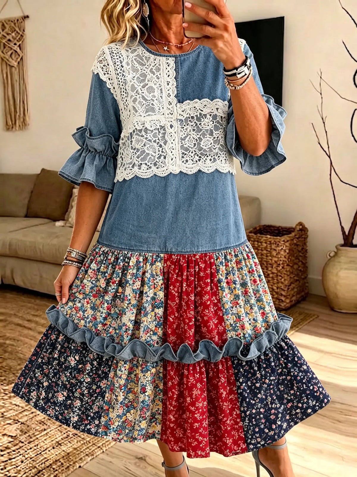 Women Denim Lace Spliced Floral Patchwork Ruffle Midi Dress