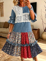 Women Denim Lace Spliced Floral Patchwork Ruffle Midi Dress