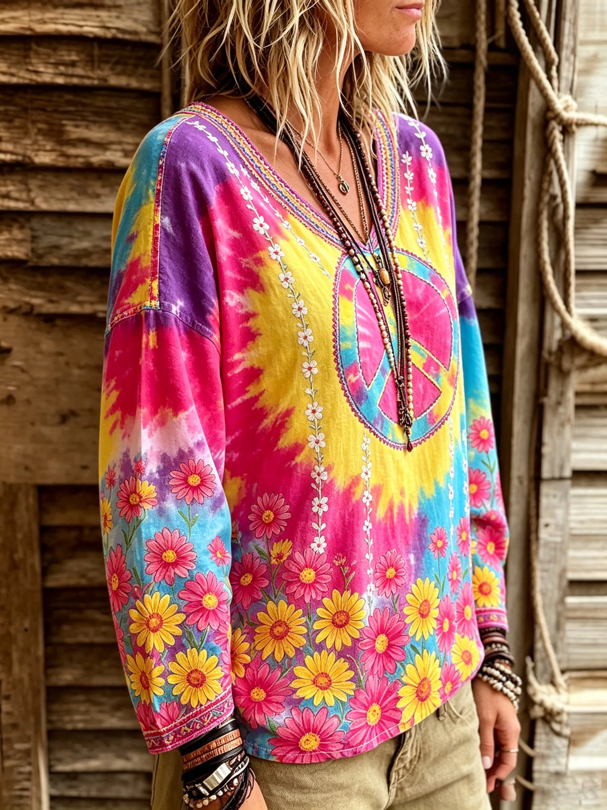 Women's Tie-Dye Daisy Peace Print Top