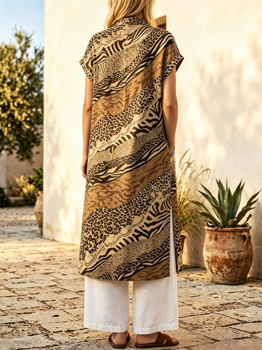 Retro Leopard Patchwork Pattern Art Print Casual Side Slits Stylish Cotton Linen Shirt