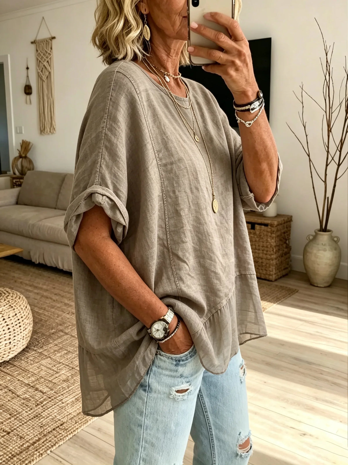 Women Solid Textured Patch 3/4 Sleeve Linen Blouse