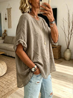 Women Solid Textured Patch 3/4 Sleeve Linen Blouse