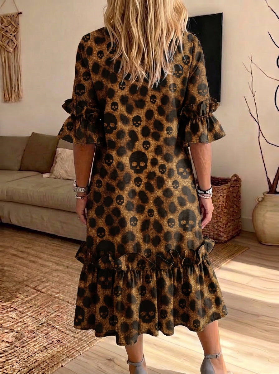 Women Skull Leopard Print Ruffle Midi Dress Loose Pocket Casual Summer Dress