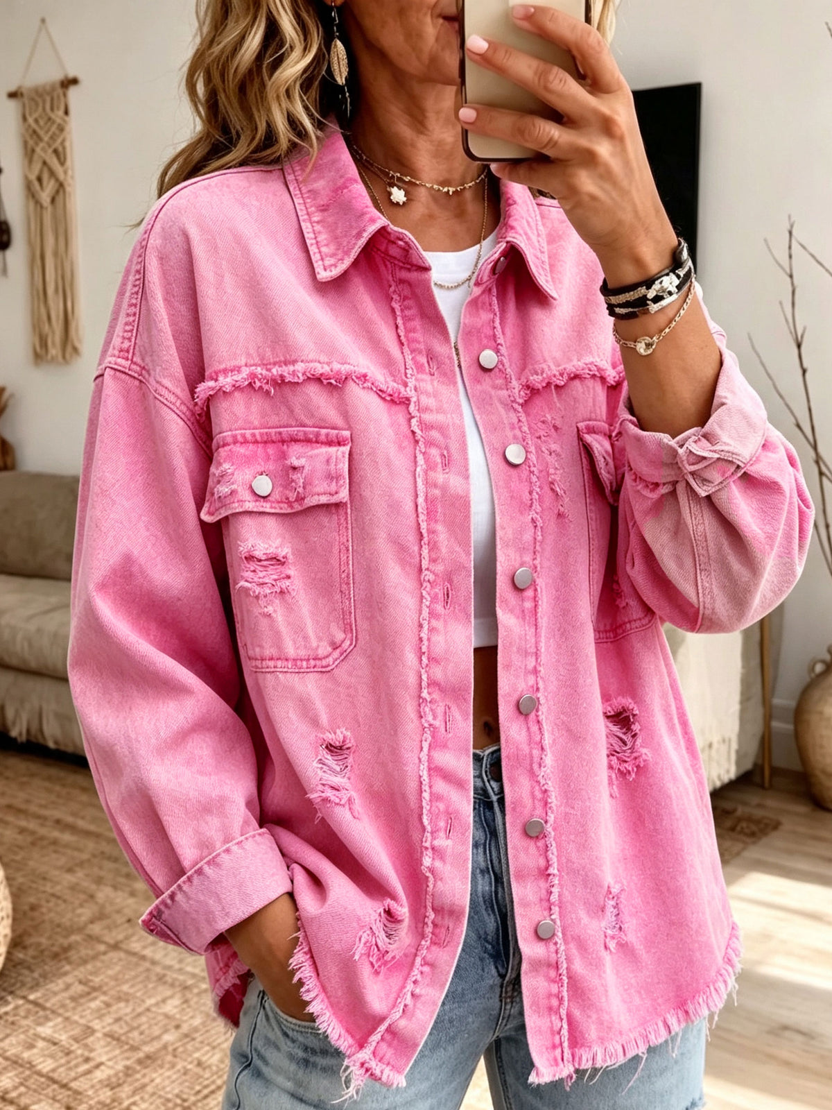 Women Pink Washed Denim Shacket Frayed Edge Distressed Button‑Up Jacket