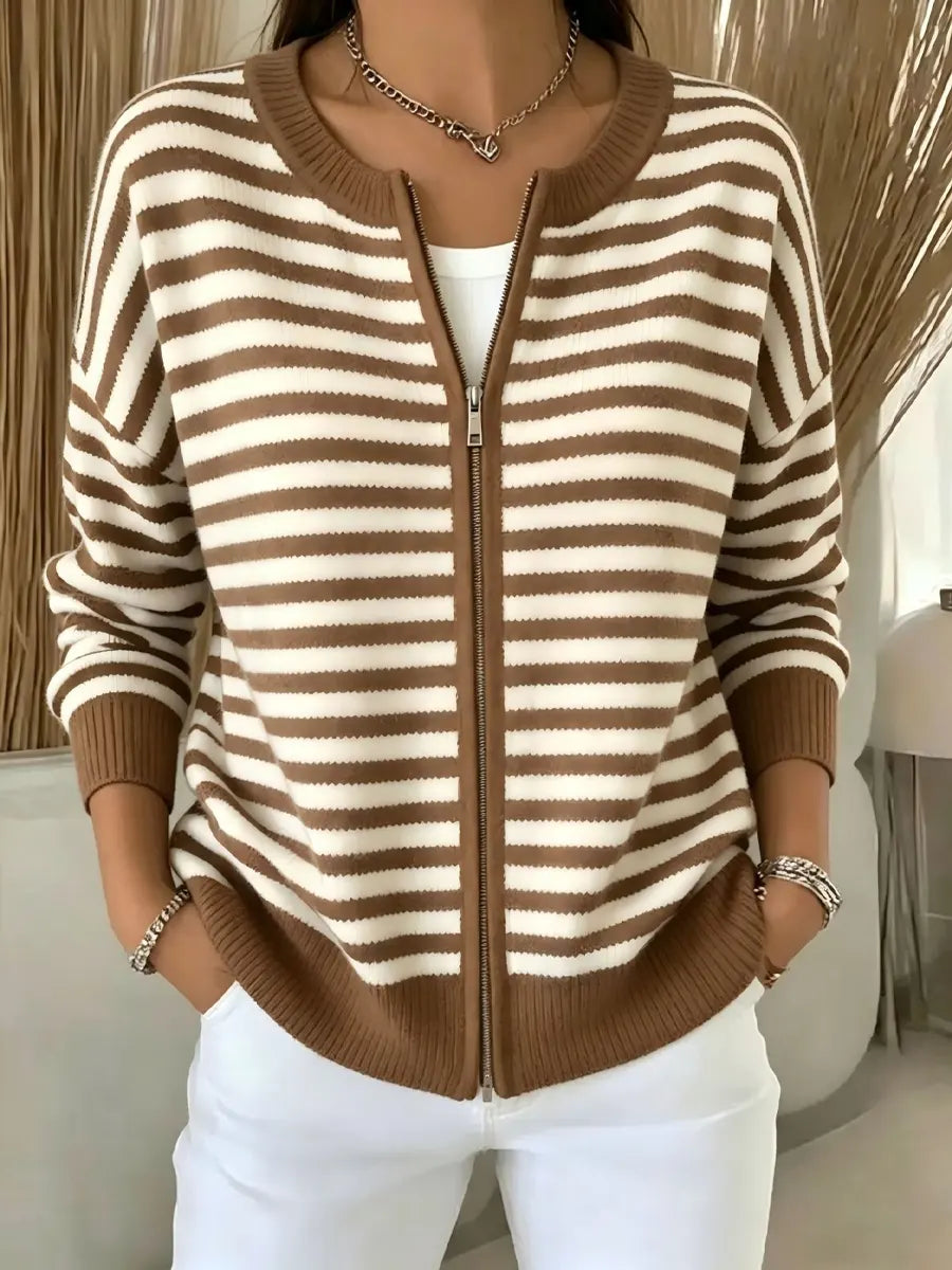Classic Stripe Pattern Zip Long Sleeve Casual Stylish Knitted Cardigan Coat