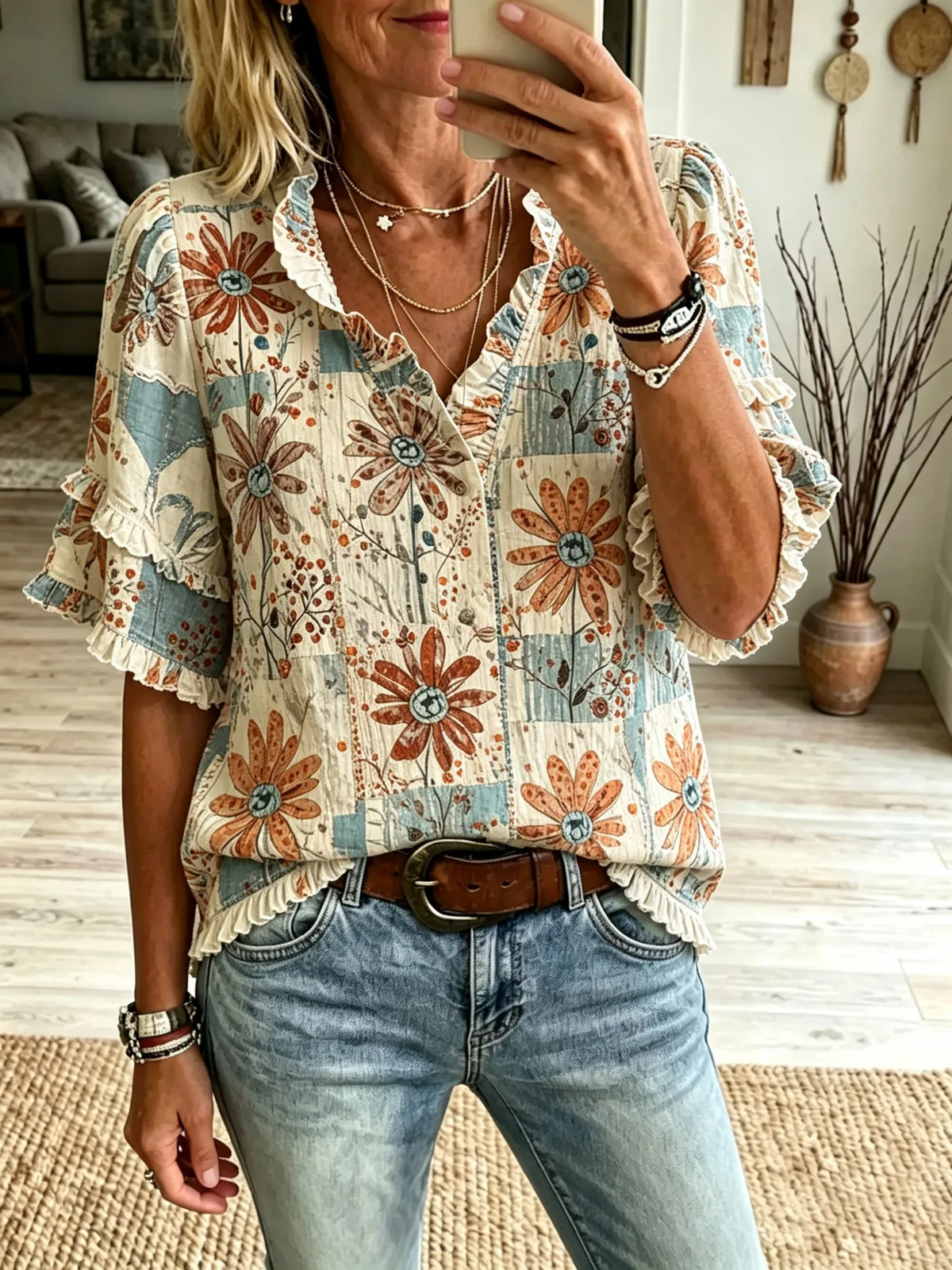 Women's Patchwork Sunflower Print Ruffle Short Sleeve Blouse