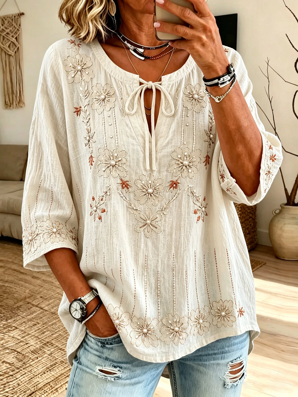 Women's Floral Tie-Neck Blouse