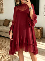 Women Mock Neck Chiffon Faux Two‑Piece Ruffle Bell Sleeve Midi Dress