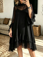 Women Mock Neck Chiffon Faux Two‑Piece Ruffle Bell Sleeve Midi Dress