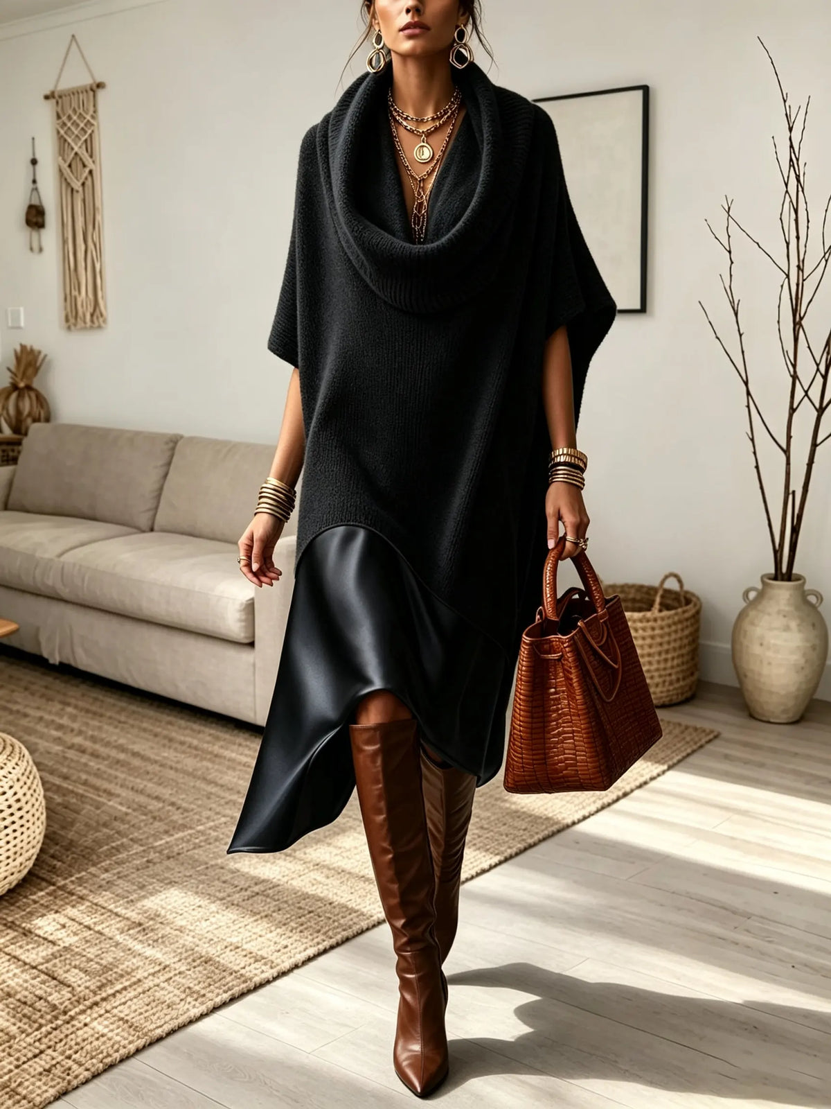 Women's Draped Cowl Neck Knit Dress