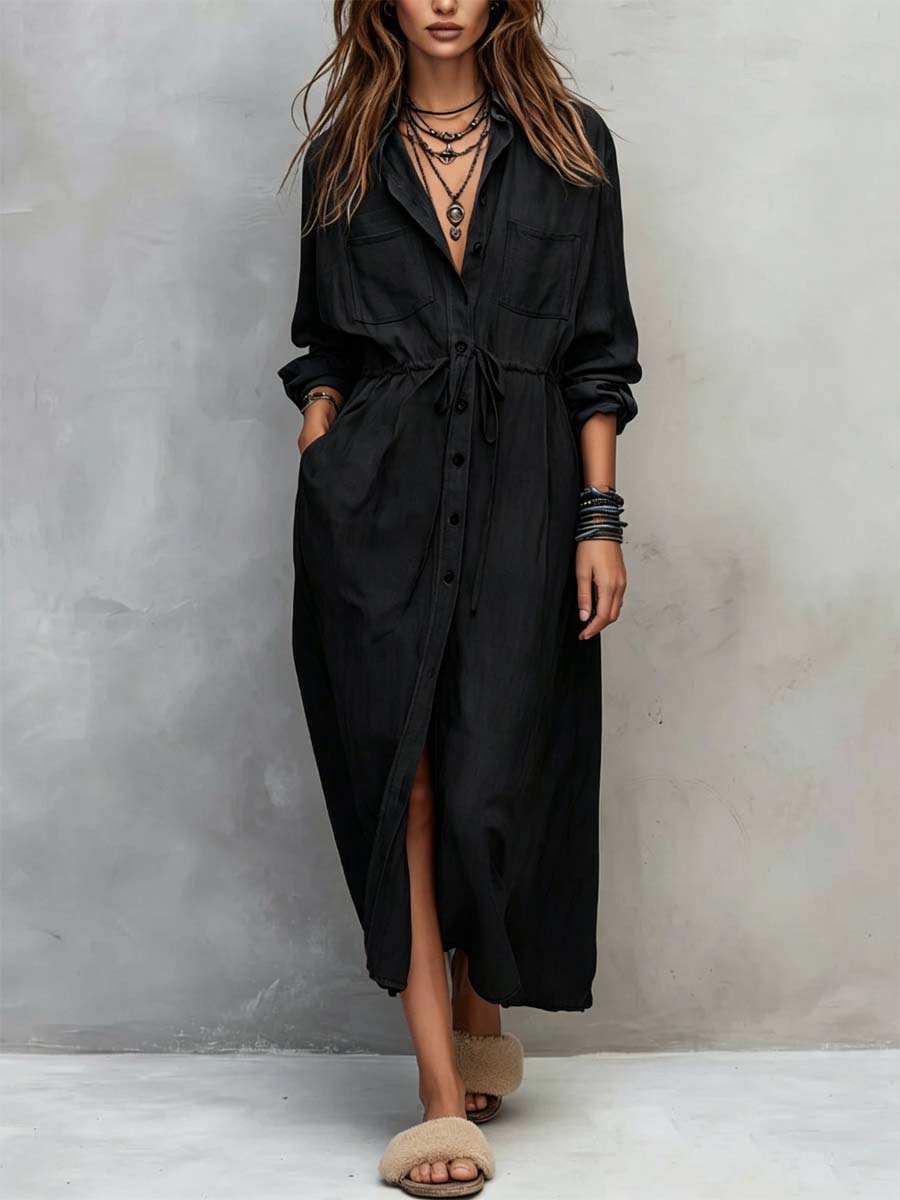 Retro Lapel Art Button Casual Long Sleeve Stylish Long Dress