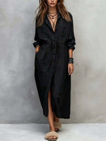 Retro Lapel Art Button Casual Long Sleeve Stylish Long Dress