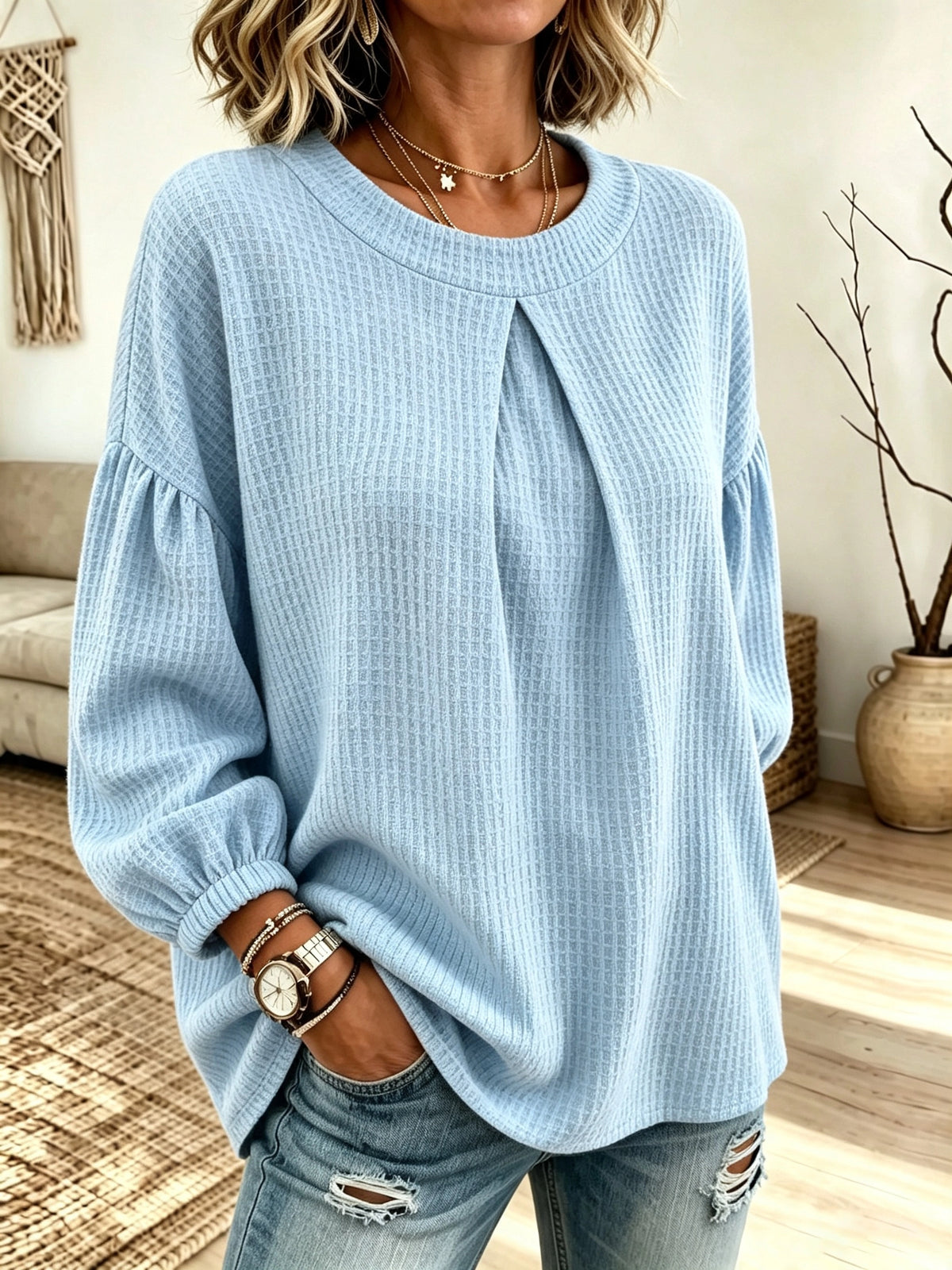 Women's Pleated Waffle Knit Pullover Blouse