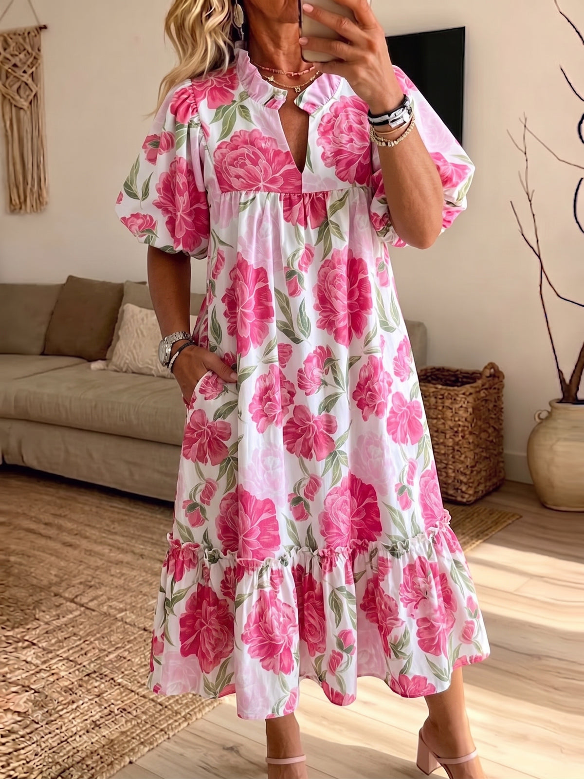 Women's Ruffle Neck Puff Sleeve Pink Floral Tiered Midi Dress With Pockets