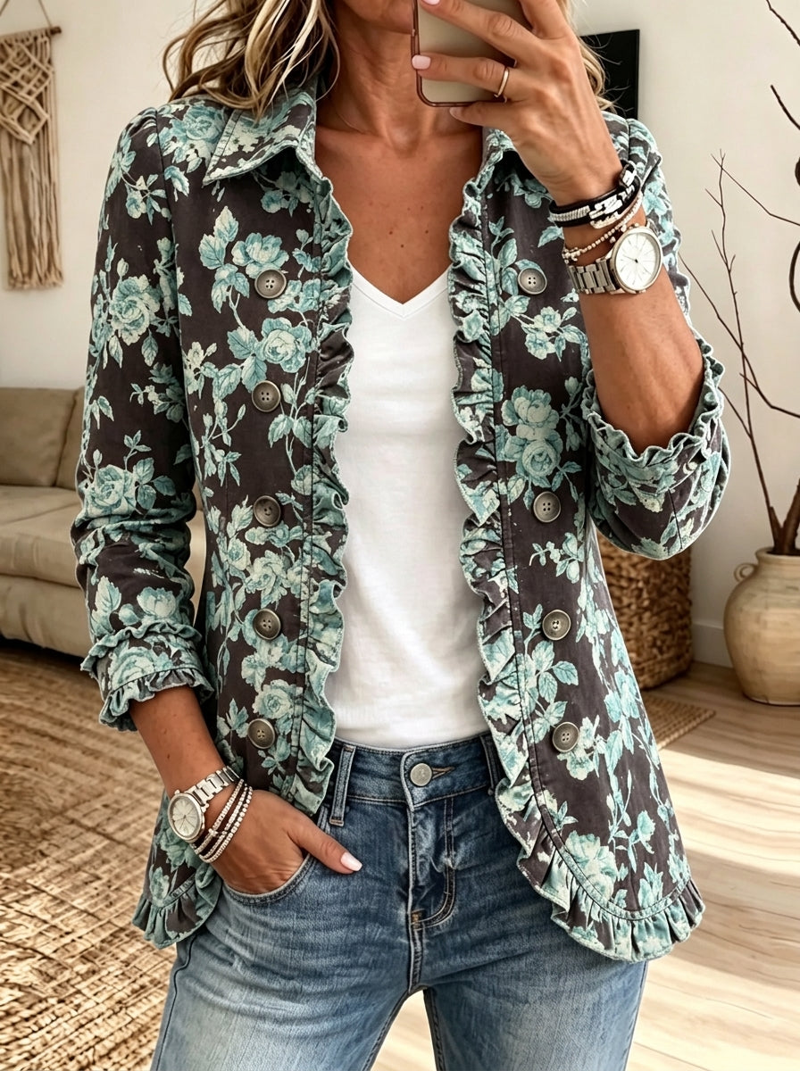 Women Vintage Teal Floral Ruffle Trim Lapel Button Jacket