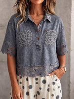 Vintage Elegant Openwork Lace Patchwork Denim Shirt
