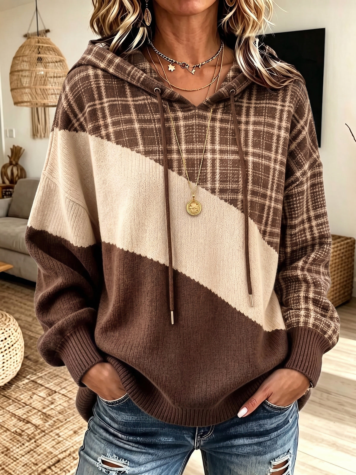 Women Plaid Color‑Block Drawstring Hooded Long Sleeve Knit Sweater