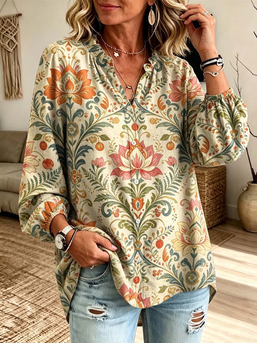 Retro Floral Pattern Art Print Casual Long Sleeve Cotton Linen Shirt