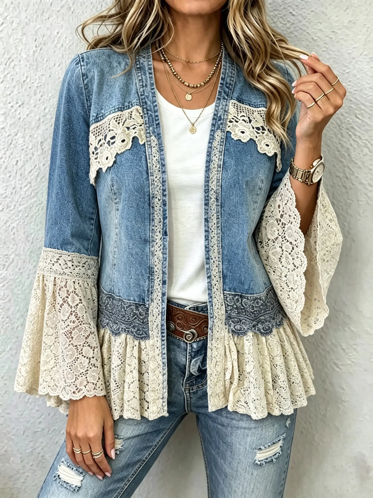 Women's Crochet Lace Inset Denim Jacket
