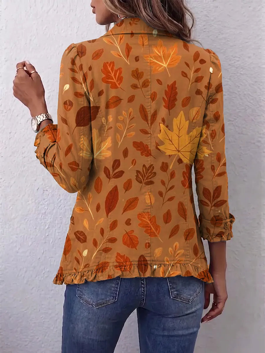 Retro Autumn Leaf Pattern Art Print Ruffle Casual Stylish Cotton Lapel Coat