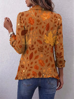 Retro Autumn Leaf Pattern Art Print Ruffle Casual Stylish Cotton Lapel Coat