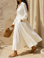 Retro Elegant Lapel Art Button Casual Long Sleeve Stylish Long Dress