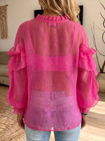 Women Hot Pink Ruffled Blouse 3d Rose Decor Long Puff Sleeve Sheer Chiffon Top