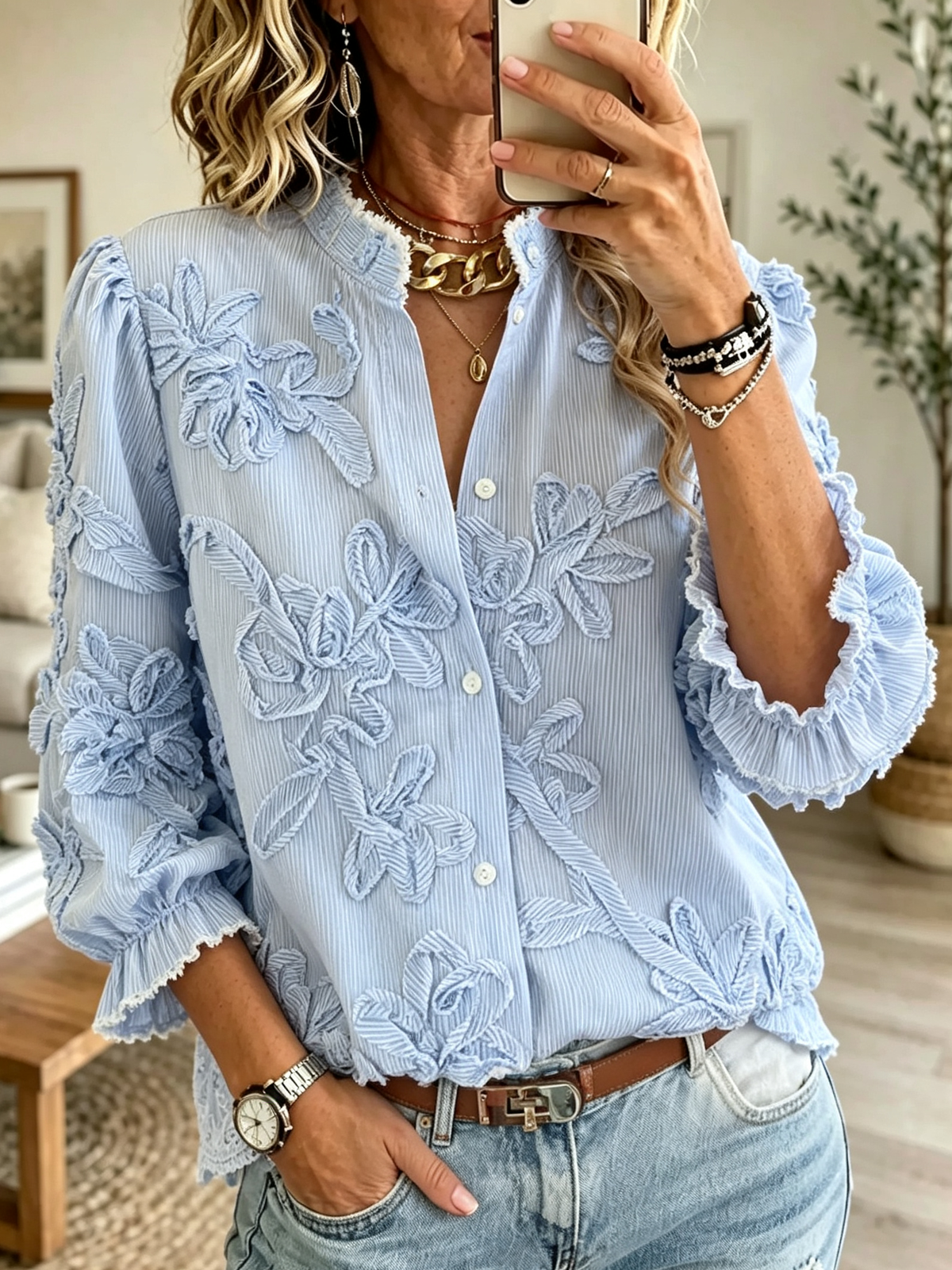 Women's Textured Floral Button-Down Shirt