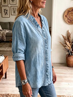 Women's Ruffle Trim Eyelet Denim Shirt