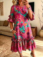 Women Vintage Floral Paisley Ruffle Midi Dress Loose Pocket Casual Summer Dress