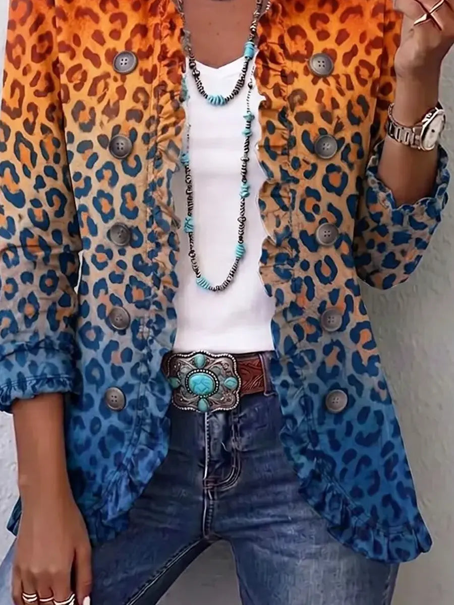 Retro Leopard Pattern Art Print Ruffle Casual Stylish Cotton Lapel Coat