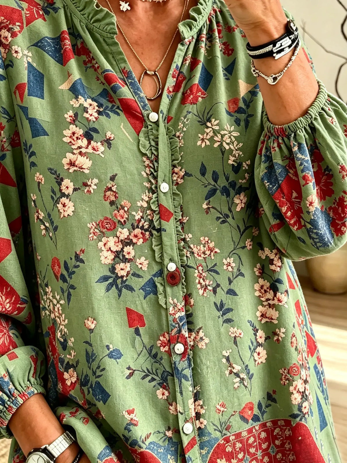 Women's Pastoral Floral Geometric Spliced Print Ruffle V-Neck Blouse