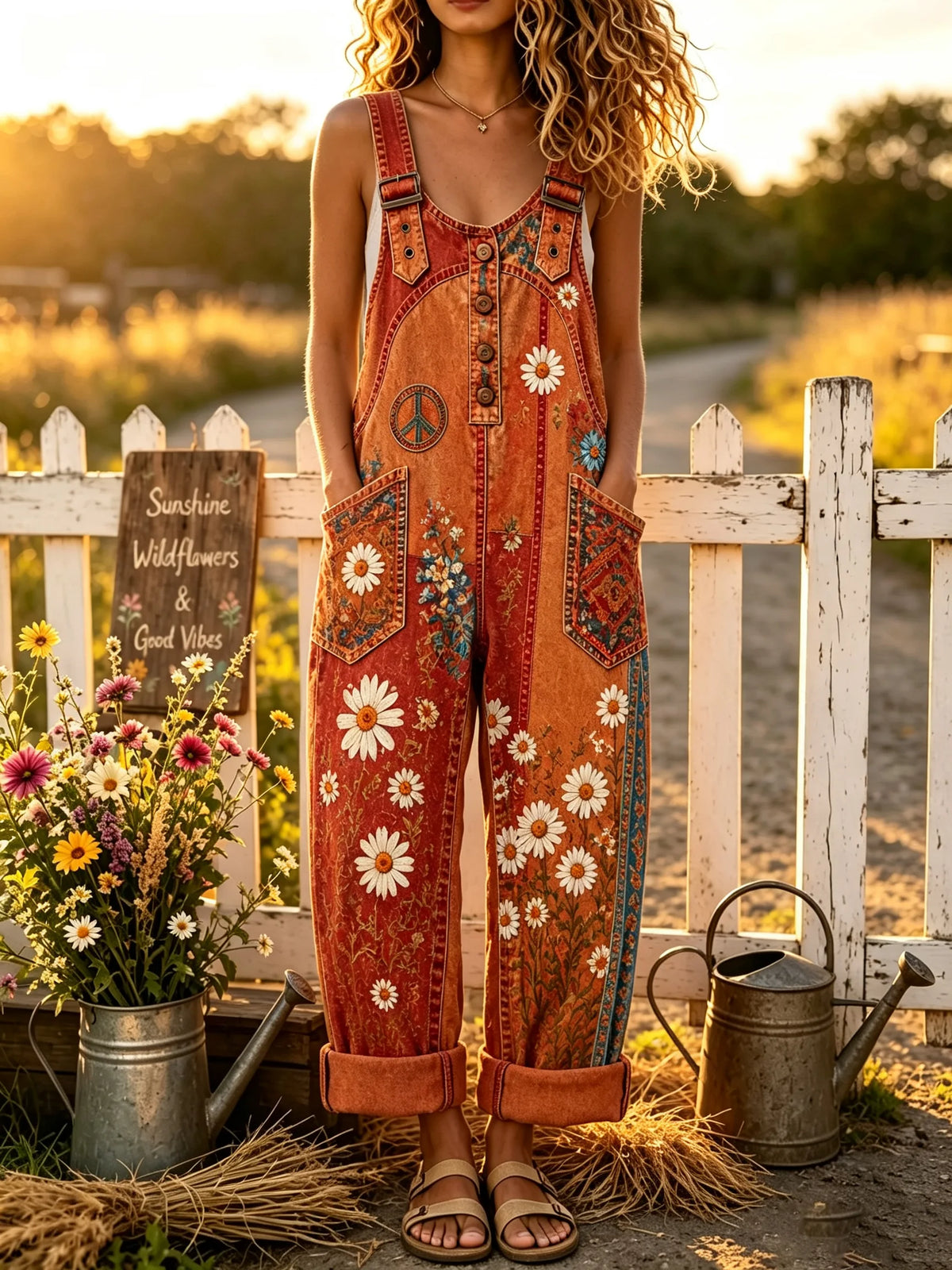 Women's Vintage Daisy Peace Sign Print Orange Overall Pants