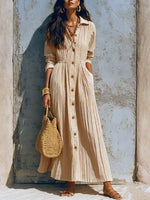 Retro Elegant Lapel Art Button Casual Long Sleeve Stylish Long Dress