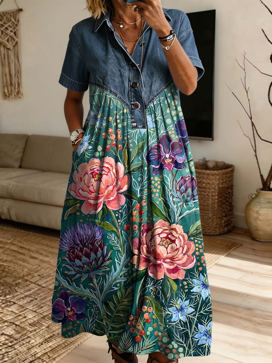 Vintage Floral Pattern Art Print Casual Stylish Lapel Denim Patchwork Dress