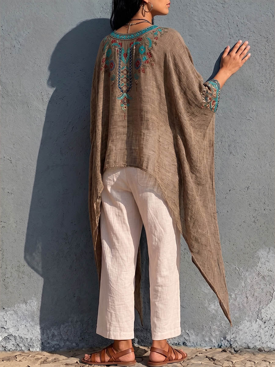 Vintage Elegant Irregular Cotton And Linen Floral Print Shirt