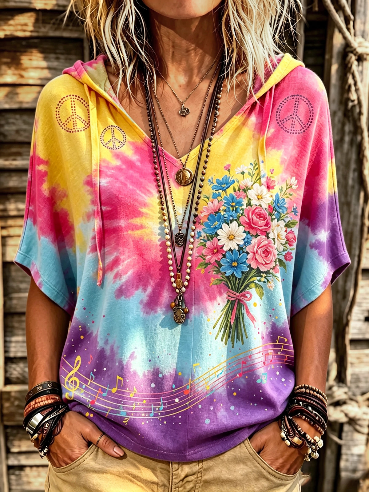Women's Tie-Dye Floral Print Short Sleeve Hoodie