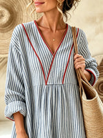 Women’s Blue White Vertical Stripe Red Trim Color Block Thin Geometric Print V-Neck Loose Swing Maxi Dress