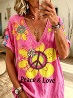 Women's Hot Pink Peace Daisy Hippie Art Print V-Neck Loose Short Sleeve Tee