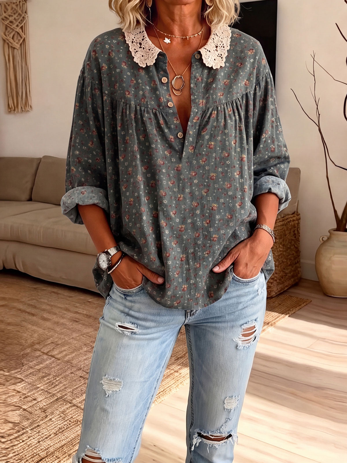 Women’s Lace Peter Pan Collar Ditsy Floral Half Button Loose Blouse